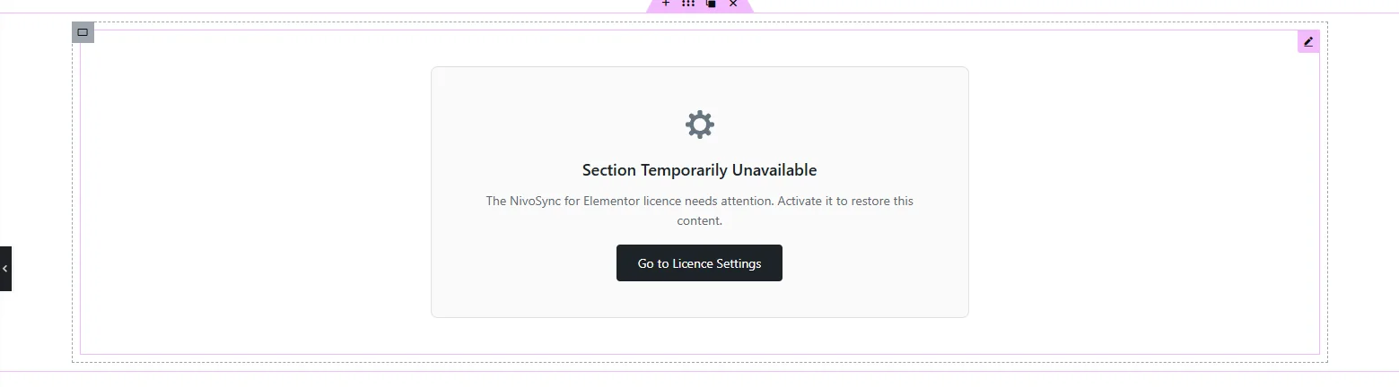 The Elementor widget panel with no NivoSync groups because the licence is inactive