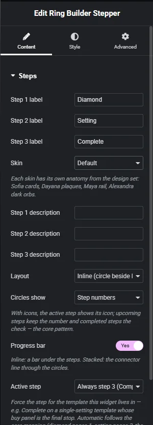 The Ring Builder widget's Content controls