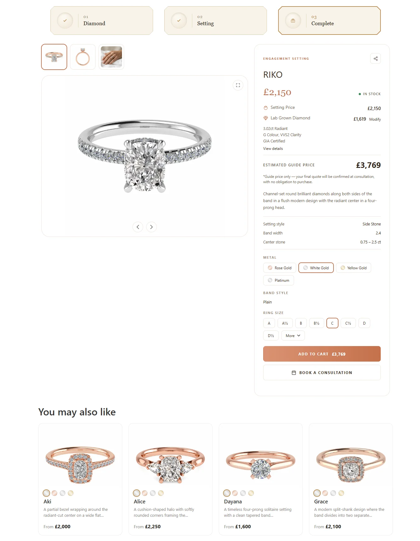 The single setting buy panel with the chosen diamond and the ring total
