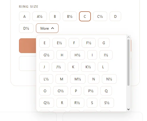 The ring size picker with its More overflow panel open