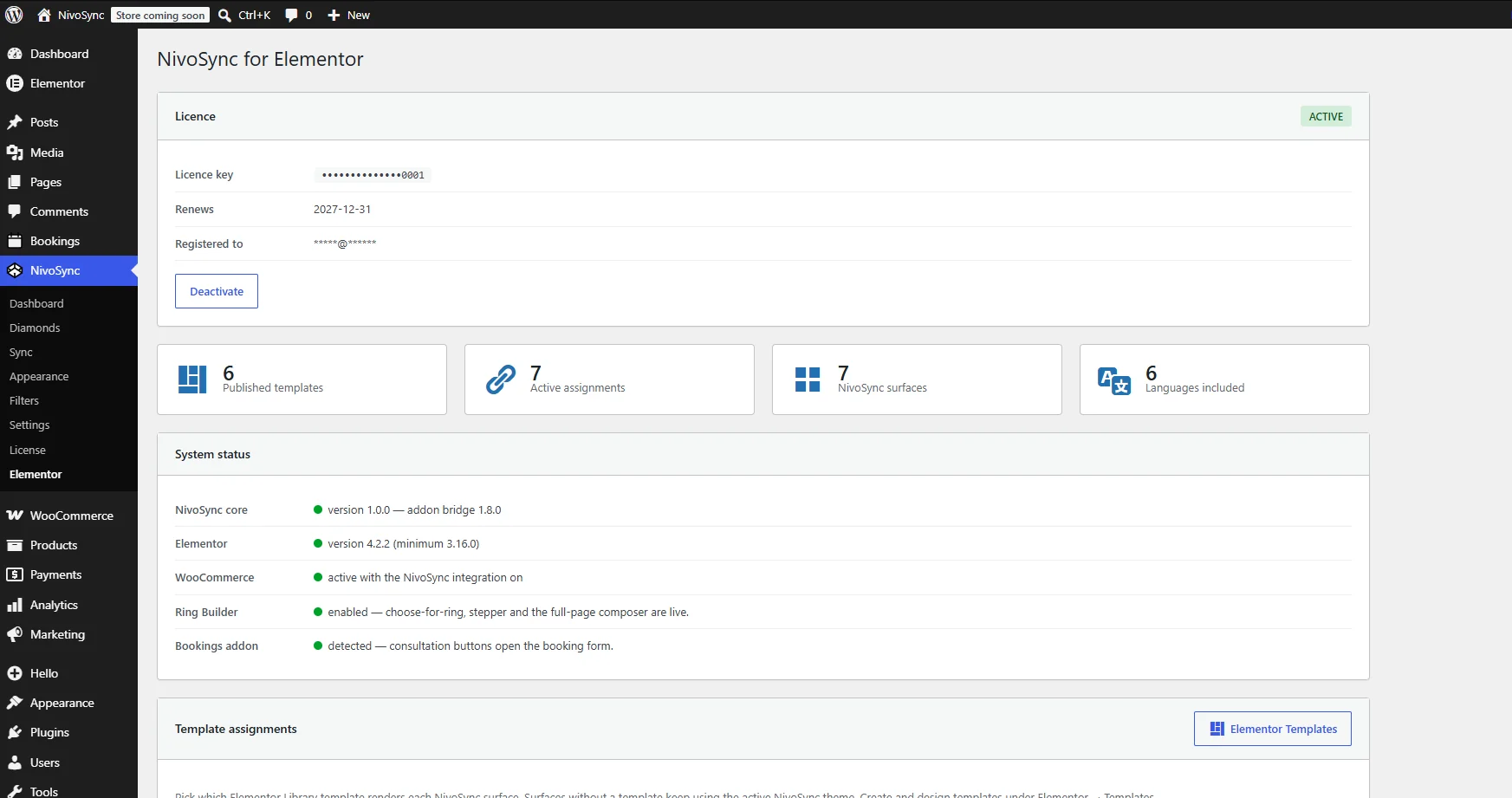The NivoSync for Elementor dashboard with an active licence