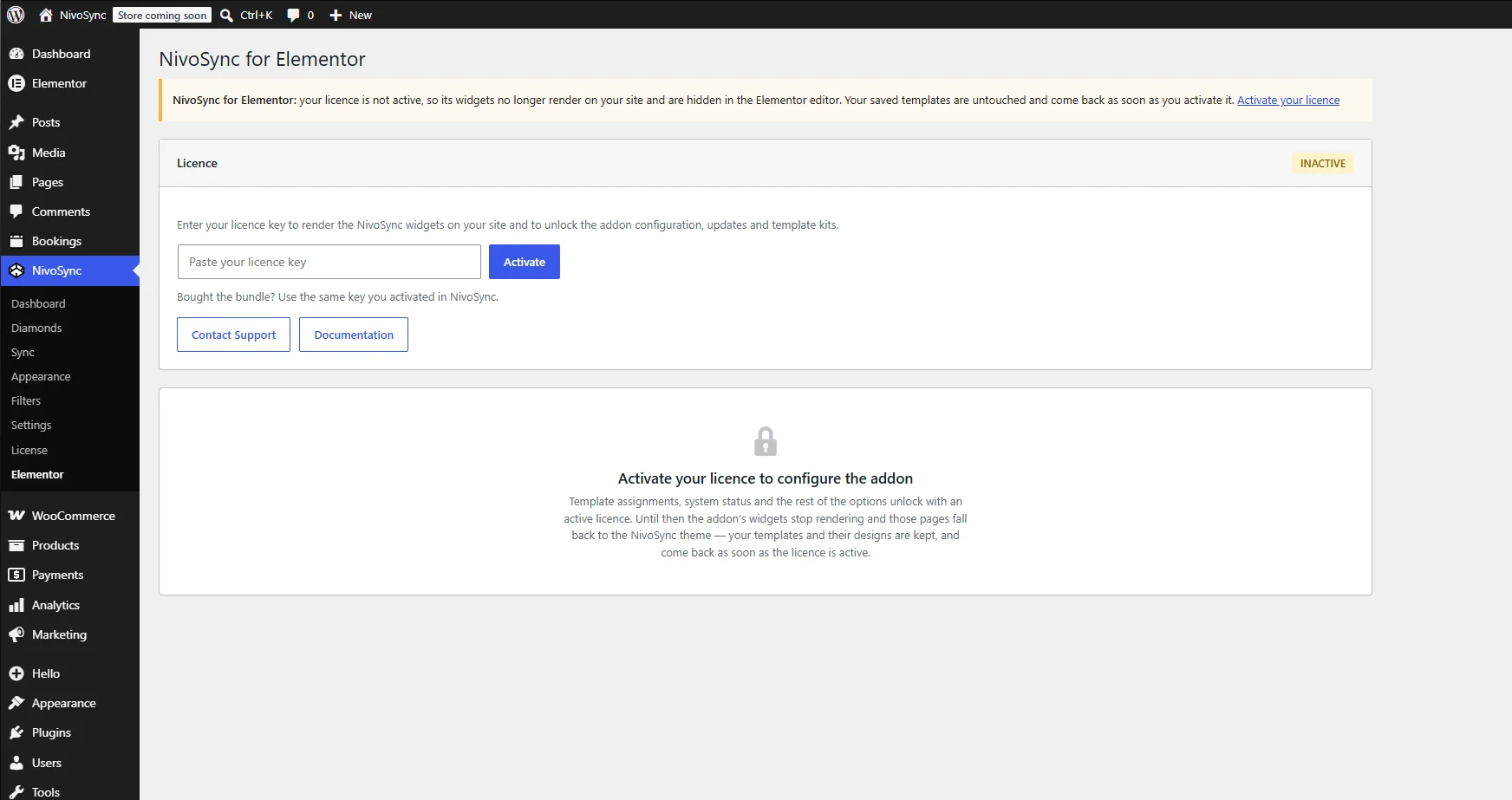 The addon dashboard locked, showing only the licence card