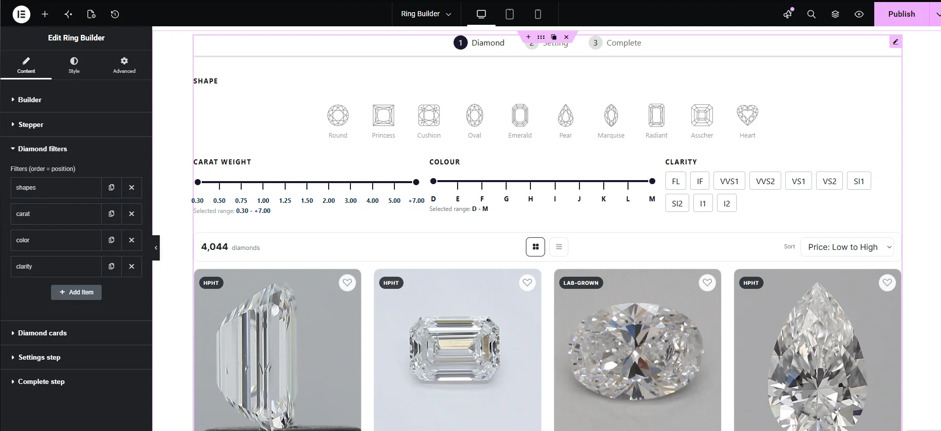 The Ring Builder widget rendering the whole diamond step in the Elementor editor